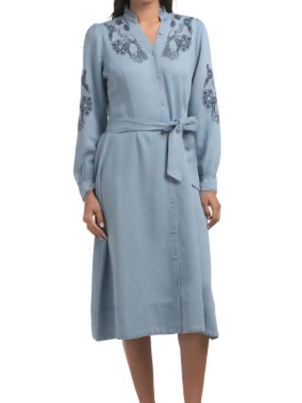 NWT Super Natural By Secret Mission Blue Denim Lynn Embroidered Midi Shirt Dress